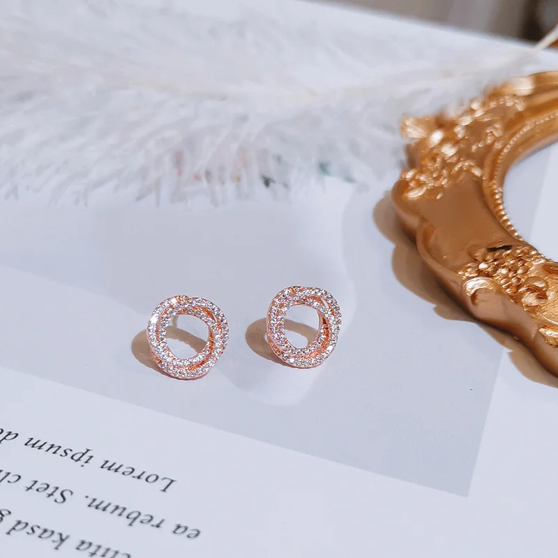 New Fashion Simple Design Circle Zirconia Stud Earrings for Women Rose Gold Color CZ Crystal Earrings Wedding Party Jewelry Gift