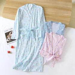 2024 Spring Autumn Women Waffle Robe Ladies 100%Cotton Bathrobe Female Long Sleeve Dressing Gown Flower Robes Home Clothes