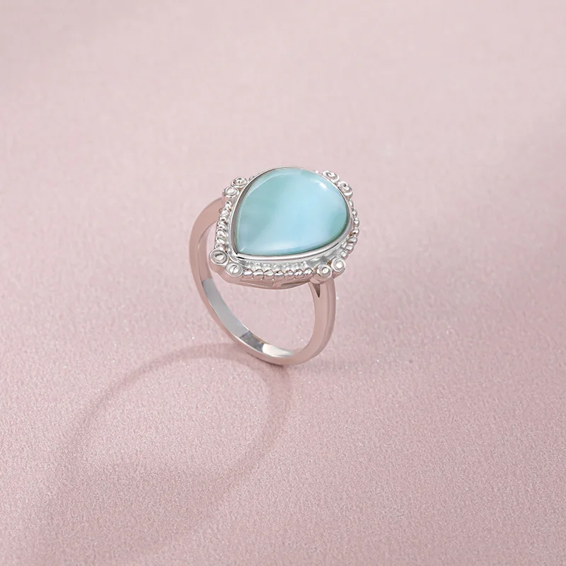 New Arrival Classic 925 Sterling Silver Natural Gemstones Ring for Women Geometry Design Simple Female Larimar Jewelry Dating