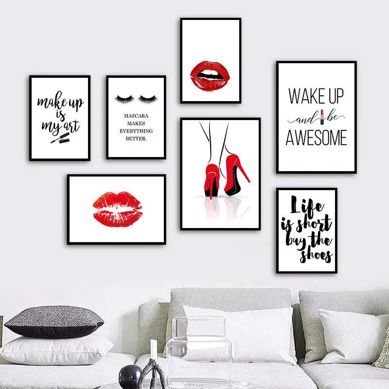 Fashion MakeUp Posters and Prints Beauty Quote Wall Art Print Eyelash Red Lips Pictures Bedroom Decoration Home Decor