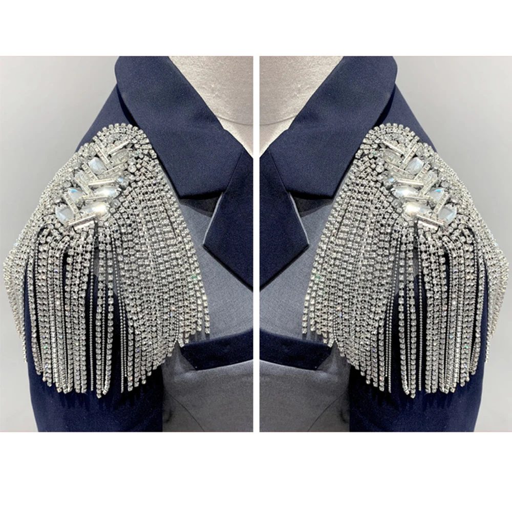 Shoulder Jewelry Tassel Rhinestones Epaulettes DIY T Shirt Clothing Accessories Gold Silver Brooch Epaulet Shoulder Brooches 1PC