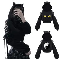 Sudaderas con capucha de manga larga para mujer, Sudadera con capucha con orejas de gato Kawaii, gótico, Punk, Harajuku, vendaje de hombro frío, sudaderas góticas negras 2021