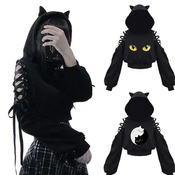 Kadınlar uzun kollu kapüşonlu Kawaii kedi kulakları kapüşonlu gotik Punk Harajuku soğuk shoumer bandaj gotik siyah tişörtü 2021