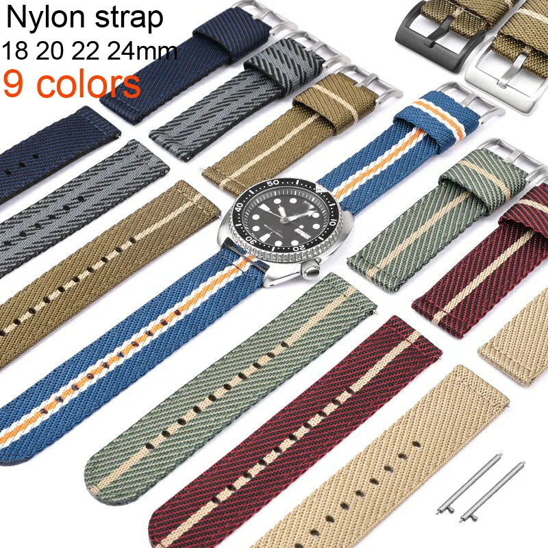 18mm 20mm 22mm 24mm Watch Band Nylon Watch Strap Universal Wrist Bracelet Fabric Belt Black Silver Buckle w Quick Release Pins