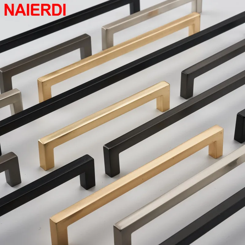 NAIERDI Black Cabinet Handles Zinc Alloy Square Closet Drawer Cupboard Pulls Gold Bathroom Door Knobs Furniture Kitchen Handle