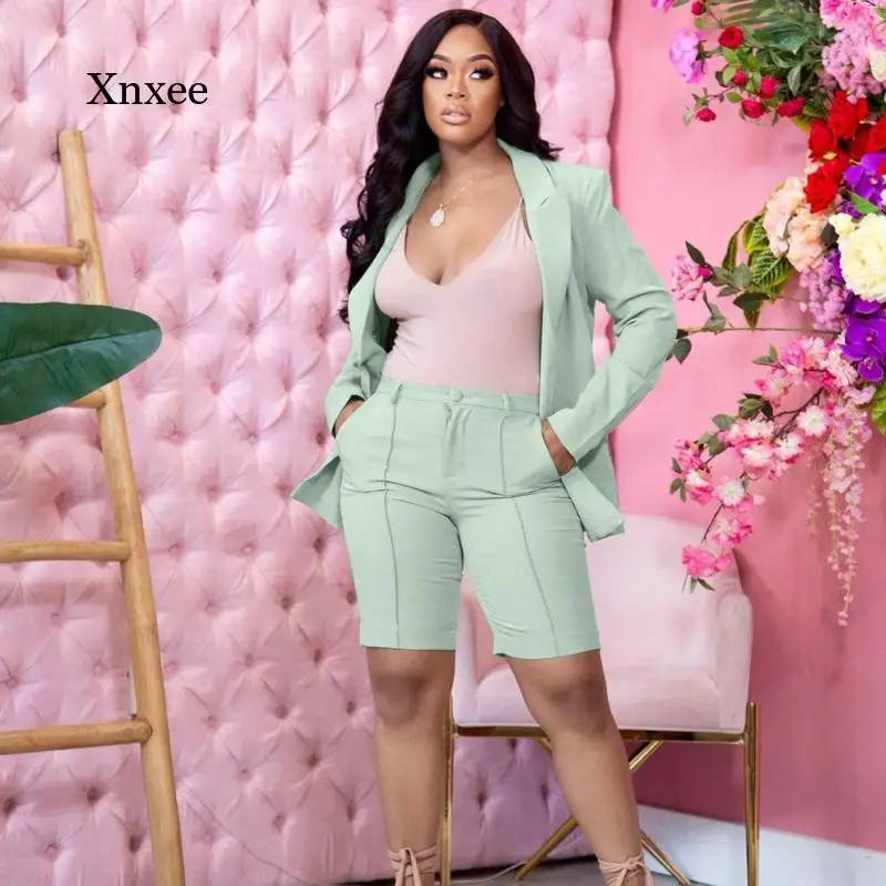 

Spring and Summer Single-Breasted Motorcycle Two-Piece Suit Lapel Long-Sleeved Loose Fashion Blazer Jacket Shorts Suit