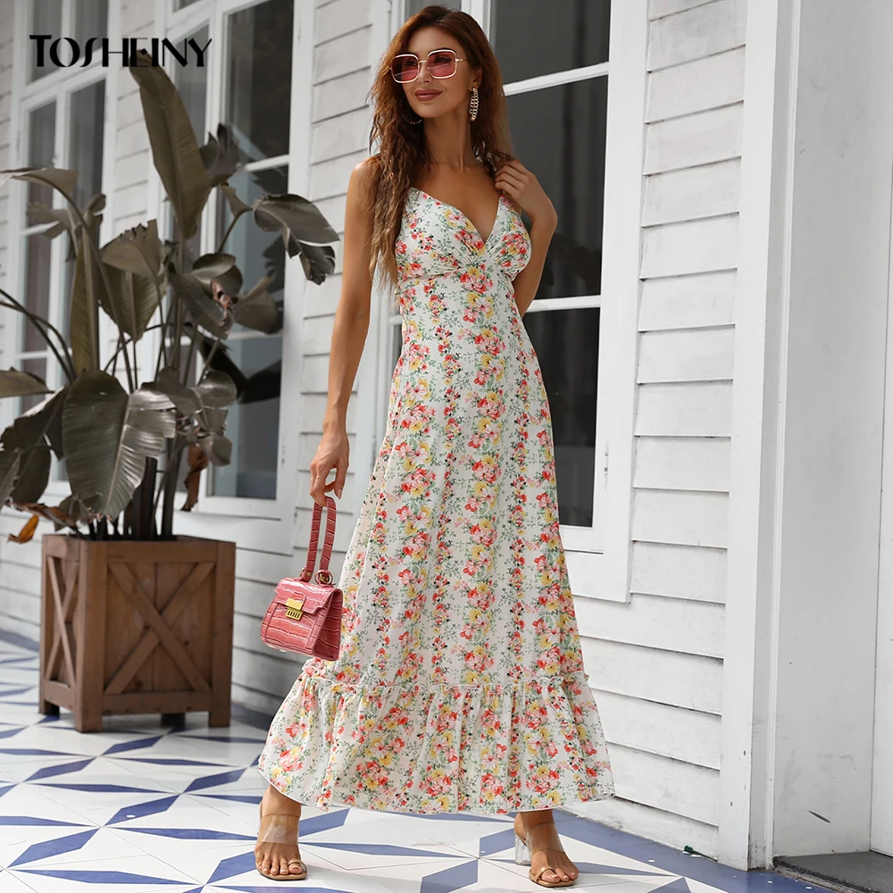 

Tosheiny Summer Maxi Floral Print Women Dress Beach Ruffle Hem Cami Sundress Backless Spaghetti Strap Elegant Sexy Long