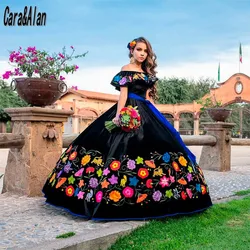 Charming Black Quinceanera Dresses with Embroidery Floral Charro Vestido De 15 Años 2021 Off the Shoulder Sweet 16 Prom Gowns