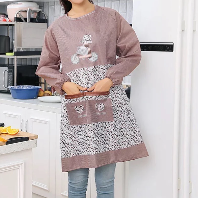 Fashion Women Kitchen Apron Long Sleeve Apron Cooking Baking Restaurant Workwear Waterproof Household Cleaning Tools BBQ Bib