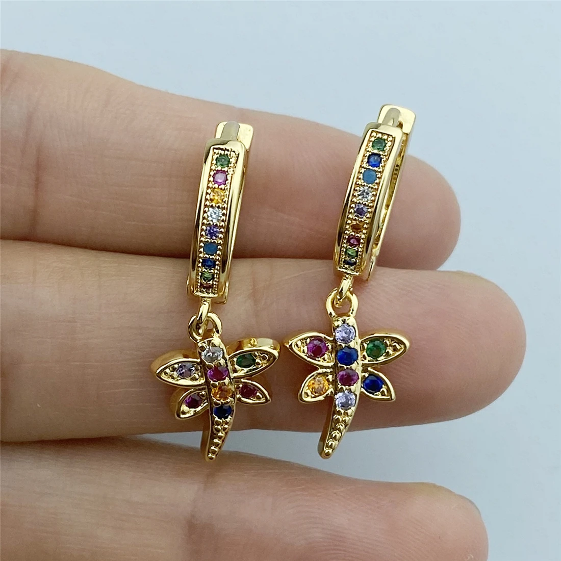 High Quality Small Cute Hoop Earrings Rainbow AAA Zircon Small Dragonfly Pendant Earrings for Women and Girl Best Gift