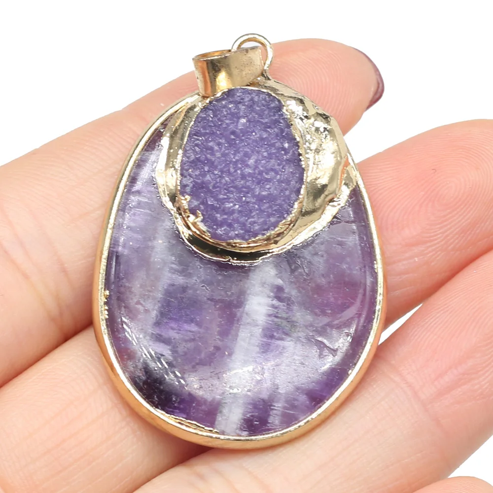 Natural Stone Pendant Oval Amethysts For Jewelry Making Charms DIY Women Necklace Bracelet Anklet Accessory 28 x 38 MM