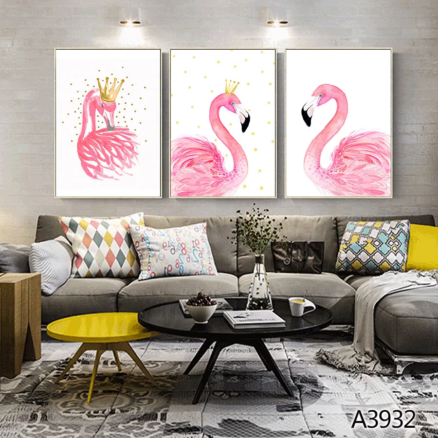 Modern Oil Painting Print on Canvas 3pcs Color Cartoon Animal Flamingo  Modular Canvas Printing Wall Art Painting for Home Decor