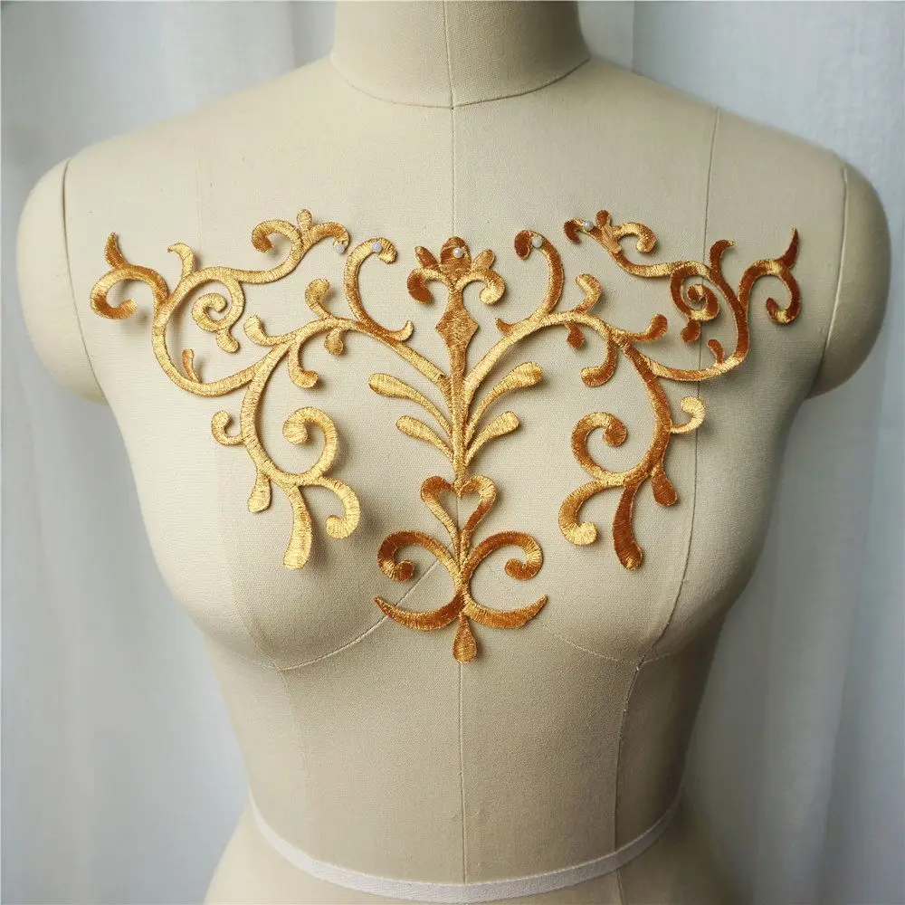 

Gold Baroque Appliques Embroidered Gown Fabric Collar Sew Iron On Patches For Wedding Decoration Dress DIY