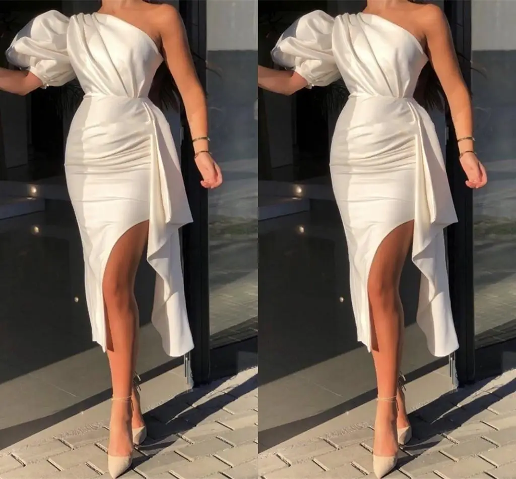 Cheap Sexy Cocktail Party Dresses One Shoulder Knee Length Side Slit Satin Short Prom Dresses Graduation Gowns vestidos de fiest