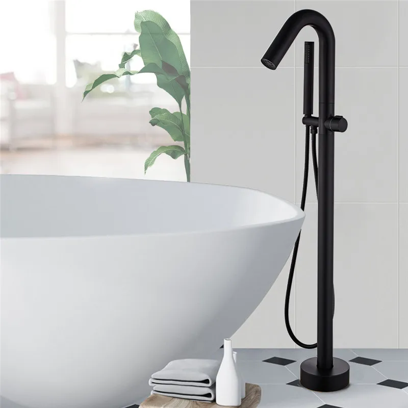 Tuqiu Black Bathtub Faucet Floor Stand Bathtub Mixer 360 Degree Rotation Spout with Handshower Head Bath Mixer Shower