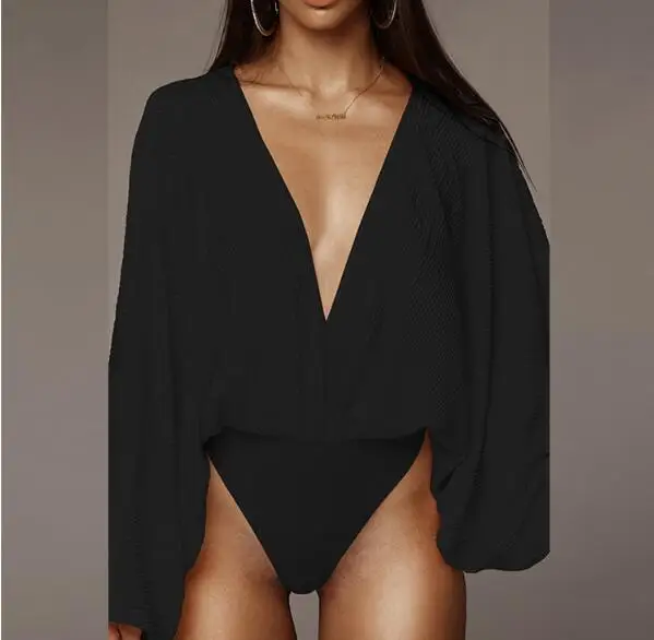 

2022 The New Womens Sexy Deep V-Neck Long Sleeve Bodysuit Loose Pleated Leotard Bodysuit Tops