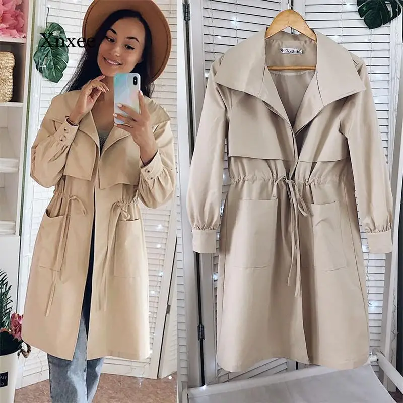 New Women Trench Long Section Solid Color Coat Light Weight Casual Lady's Windbreak Collection