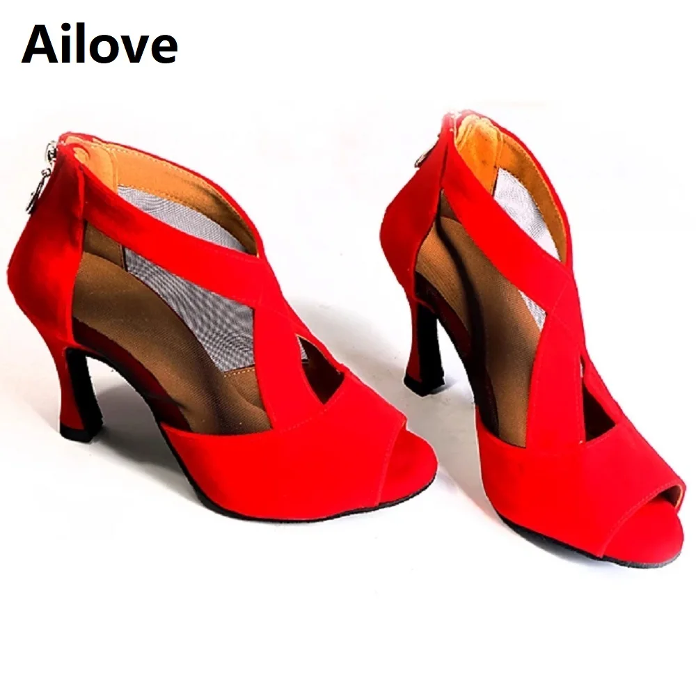 Women Ballroom Party Wedding Dance Shoes Red Latin Salsa Rumba Social Dancing Boots Suede and Mesh ALS045