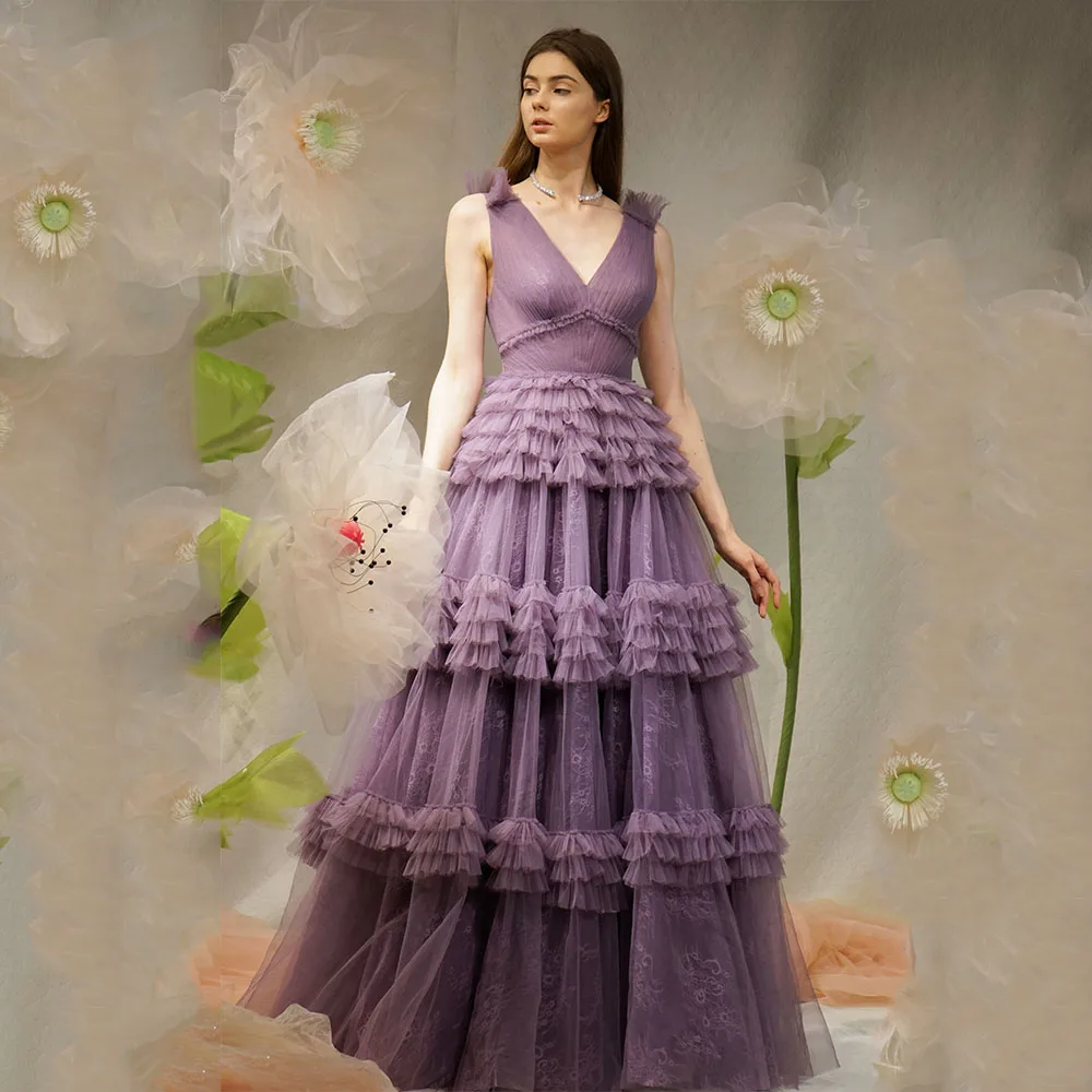 2024 doce roxo longo em camadas tule vestidos de baile com decote em v babados renda macia formal festa vestido de baile para casamento feminino