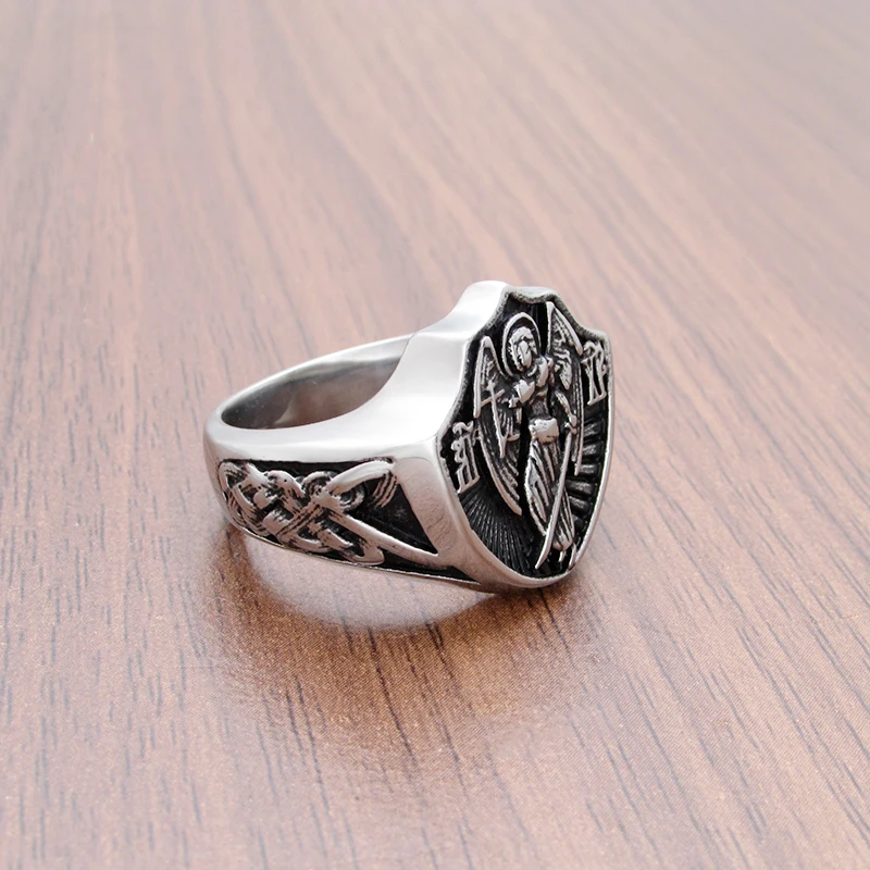 Punk 316L Stainless Steel St-Michael Men\'s Rings Good Lucky Talisman Religious Personality Celtics Knot Ring For Jewelry Gift