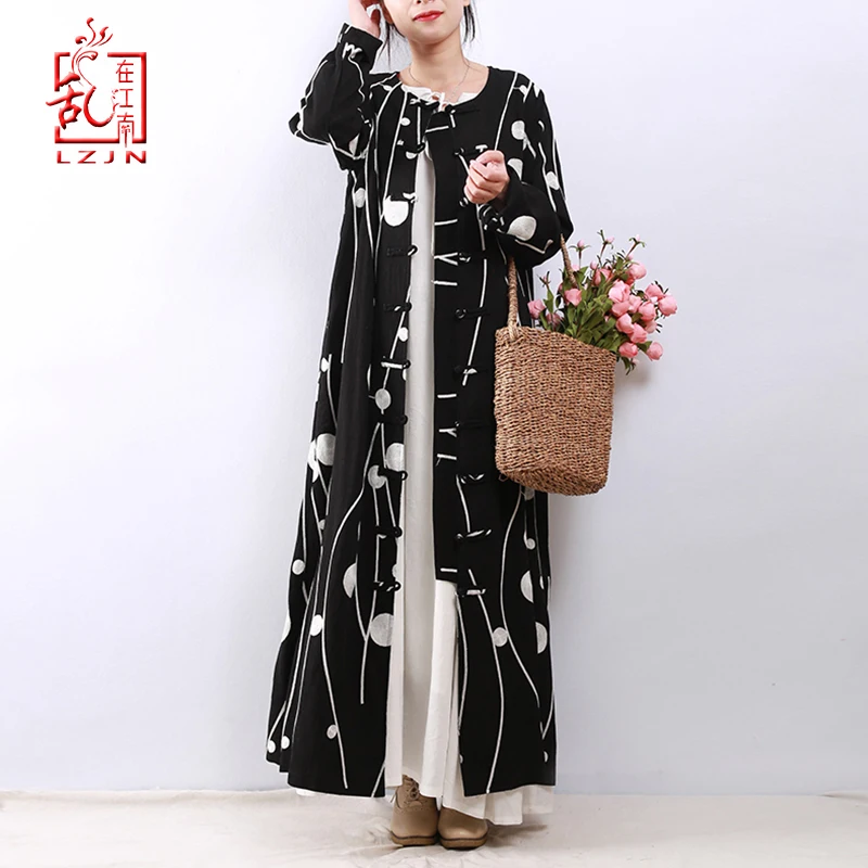 

LZJN 2020 Spring Trench Coat Women Long Sleeve Embroidery Duster Coat Linen Cotton Red Black Vintage Windbreaker Maxi Coat