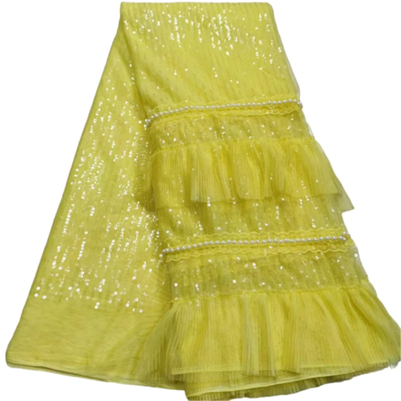 

2022 Yellow African Beaded Tulle Lace Fabric green High High Quality Lace Material Net French Embroidery Nigeria Lace Fabric