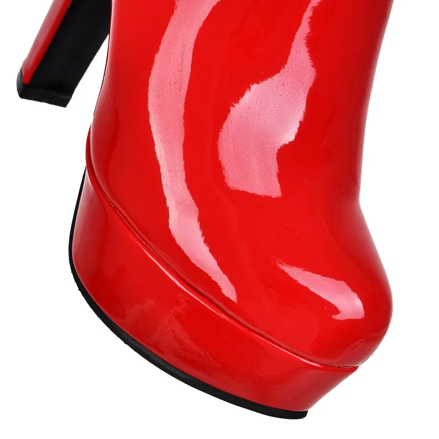 Botas femininas sensuais acima dos joelhos, plataforma da moda, salto alto da coxa, couro de patente, sapatos altos de inverno para mulheres, vermelho