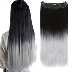 WTB Synthetic Long Straight 5 Clip In Hair Extensions 3/4 Full Head Hairpieces Natural Black to Grey Ombre Two Tones Fake Hair