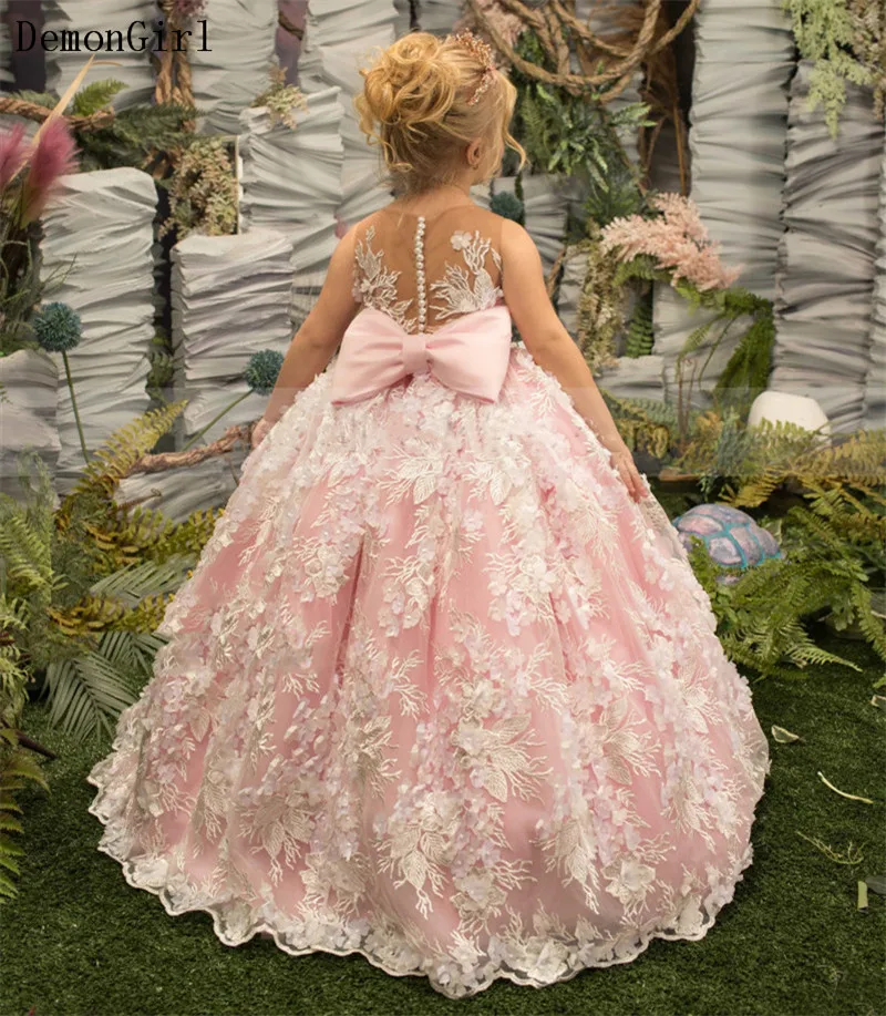 Robe longue en dentelle ivoire pour filles, en Tulle rose, col transparent, sans manches, pour fête d'anniversaire, noël