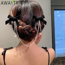 AWAYTR Tassel Elegant Vintage Bow Pearl Chain Hairpins Sweet Hair Decorate Headband Hair Clips For Fashion Hair Accessories