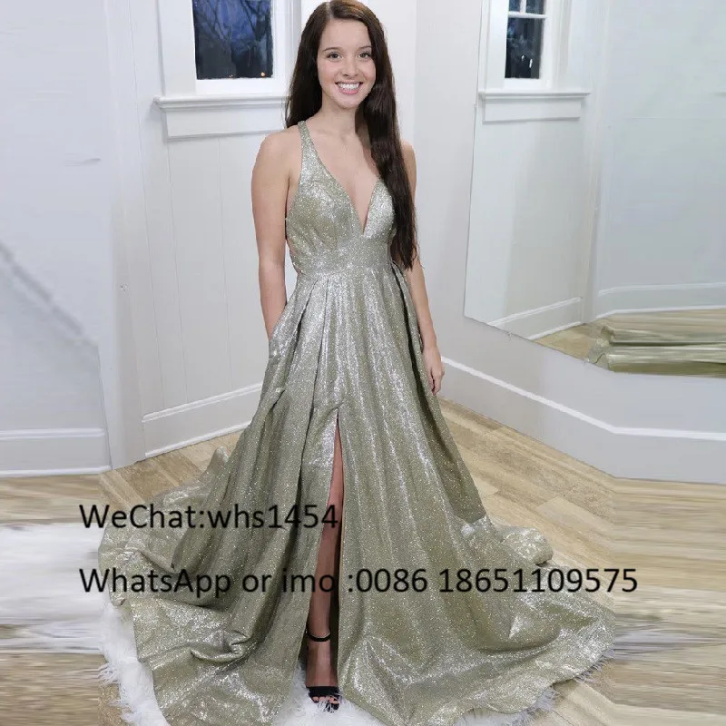 Elegant Gold A-line Prom Dresses For Women Sexy Leg Split Evening Dress 2023 Deep V-neck Vestidos De Fiesta De Noche Customize