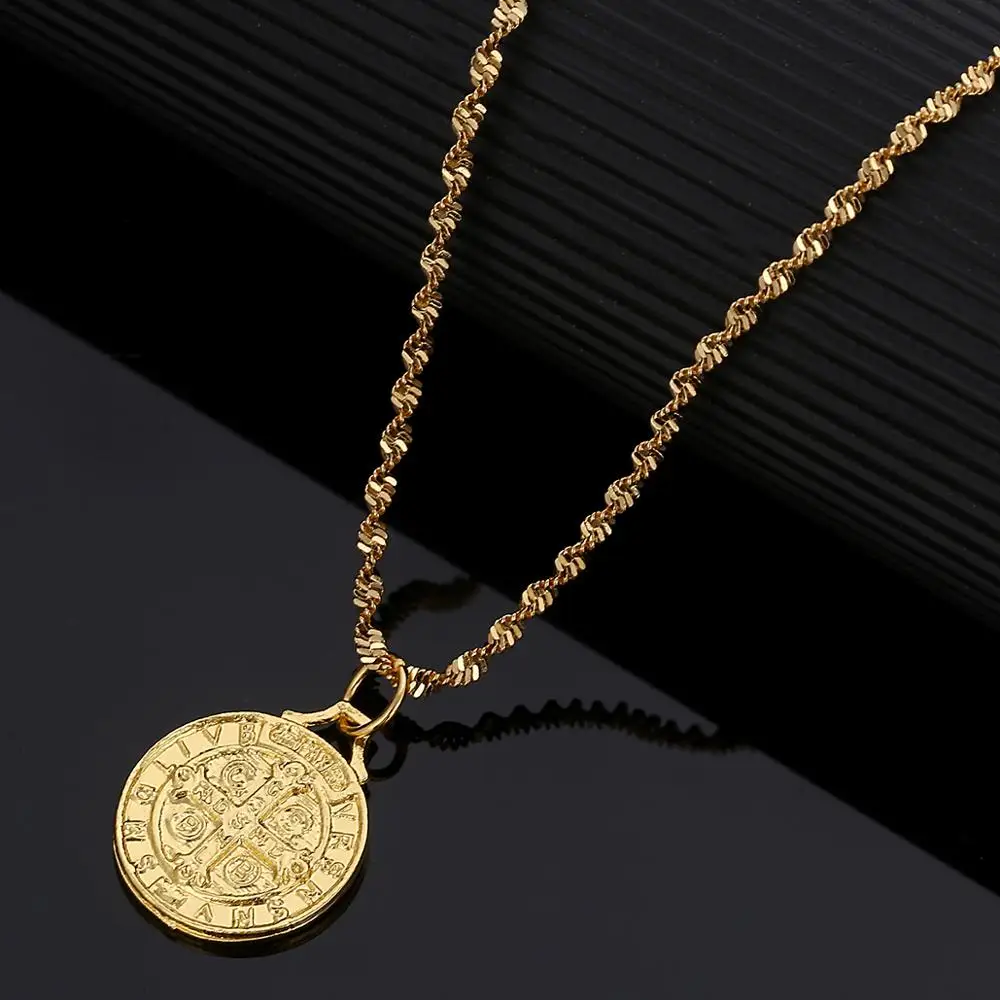 Gold Color Catholic Round Medal Cross Pendant Necklace Patron Saint Benedict Of Nursia Holy Jewelry