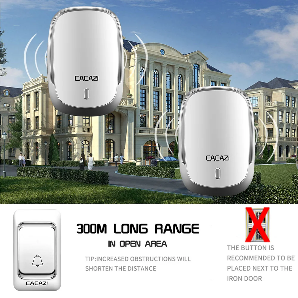 CACAZI Waterproof Wireless Doorbell 300M Remote US EU UK Plug Home Smart Cordless Call Ring door bell 36 chimes 110-220V 80dB