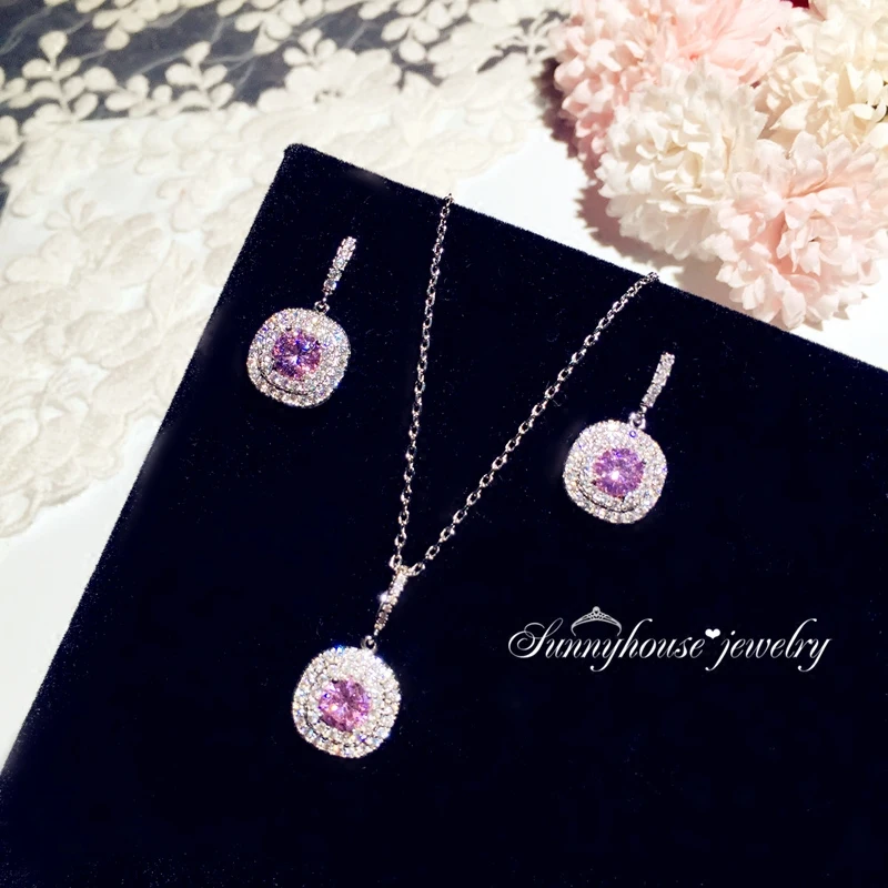 

CC Simple Design Jewelry Set for Women Wedding Events Bridal Dress Engagement Jewellery Pink Color Necklace Earrings Sets S010