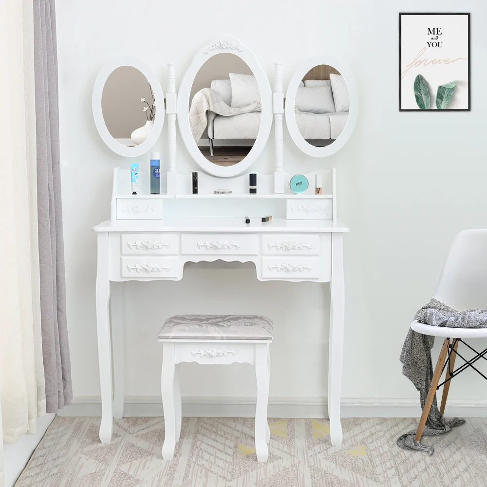 Dressers Foldable 3 Mirrors with 7 Drawers Dressing Table White with Dressing Stool  (90 x 40 x 145)cm