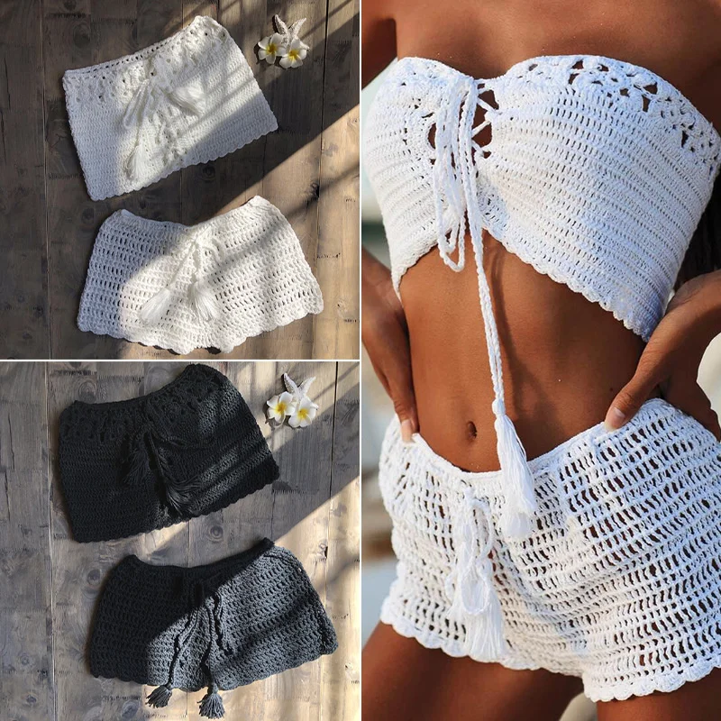 

Solid Crochet Bikini Top 2021 Summer Shell Sexy Swimsuit Handmade Women Swimwear Suit Boho Beach Wear Knitted Thong Short Bottom