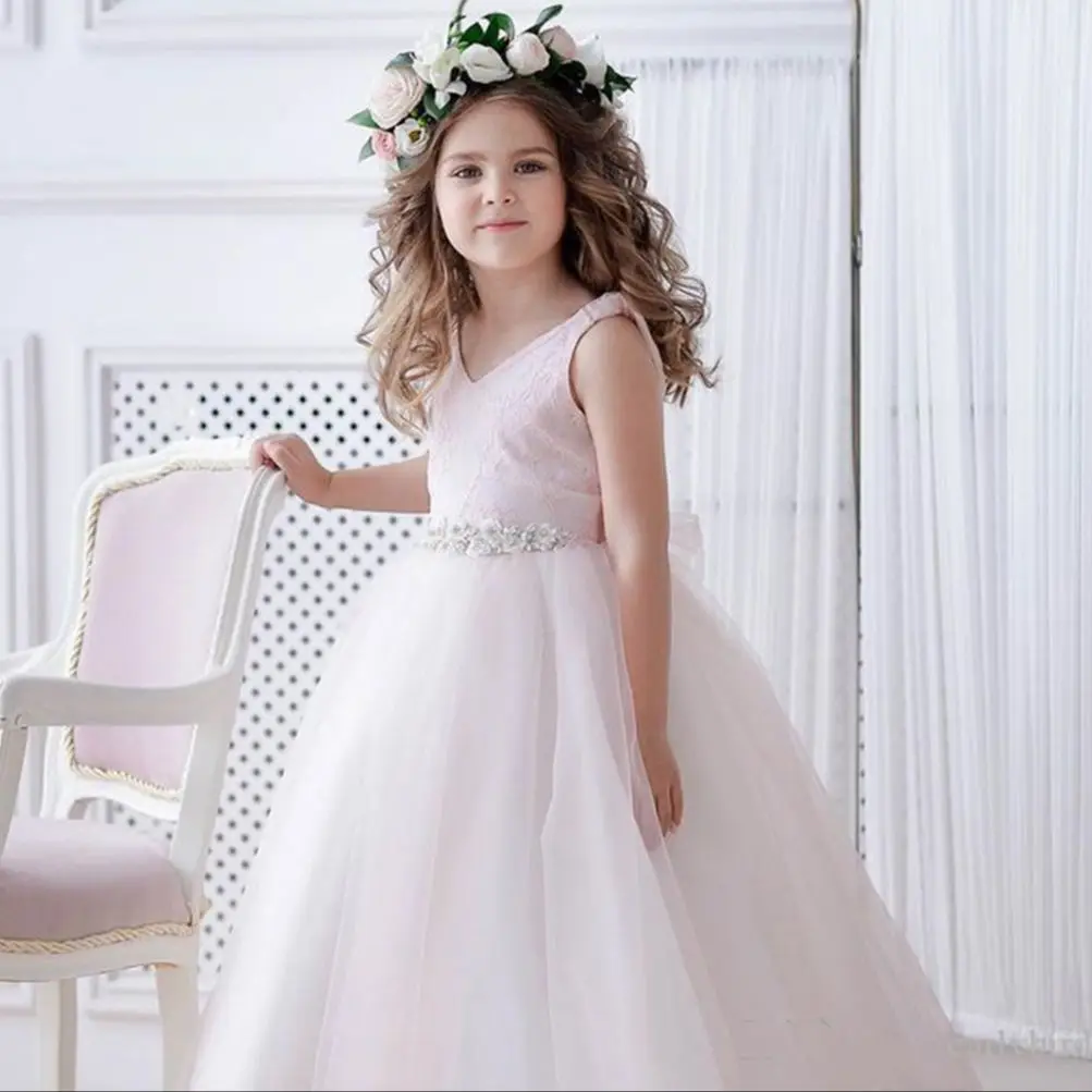 Blush Pink Open Back Flower Girl Dresses Sparkly Long l abito da sposa formale abito da spettacolo per compleanno per bambini