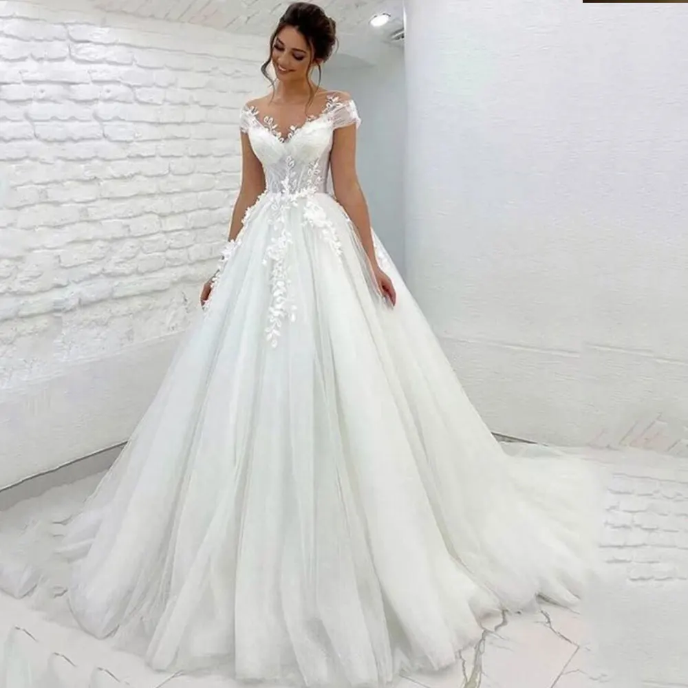 Robe De mariée longue en Tulle pour femmes, col transparent, avec traîne, manches en dentelle, avec boutons au dos