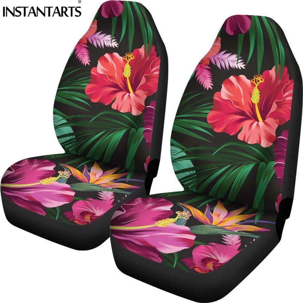 INSTANTARTS Plumeria Hawaiian Flowers Hibiscus Print Front Car Seat Cover for Women Fashion Universal Elastic Car Seat Protector