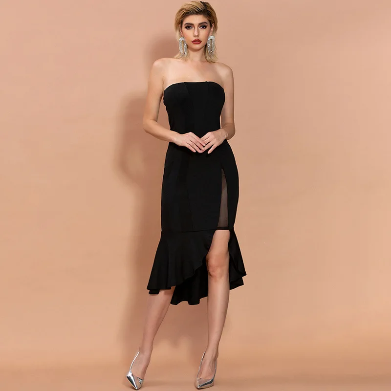 2020 Spring and Summer New Strpless Bar Lrregular Fishtail Hem Sexy Slim Dresses Short Black Cocktail Dresses