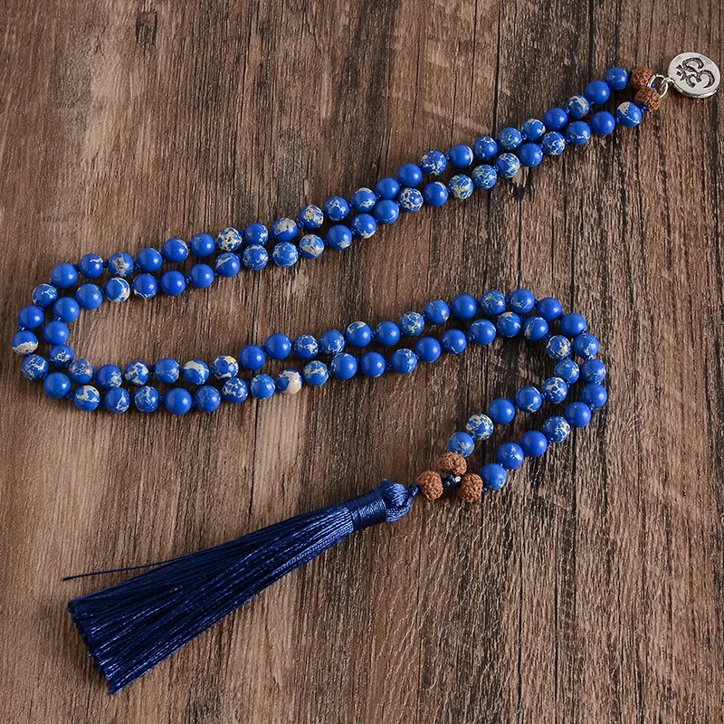 Rudraksha & Natural Stone Beaded Knotted 108 Mala Necklace Meditation Yoga Love Lucky Japamala Jewelry with Small Iron Pieces