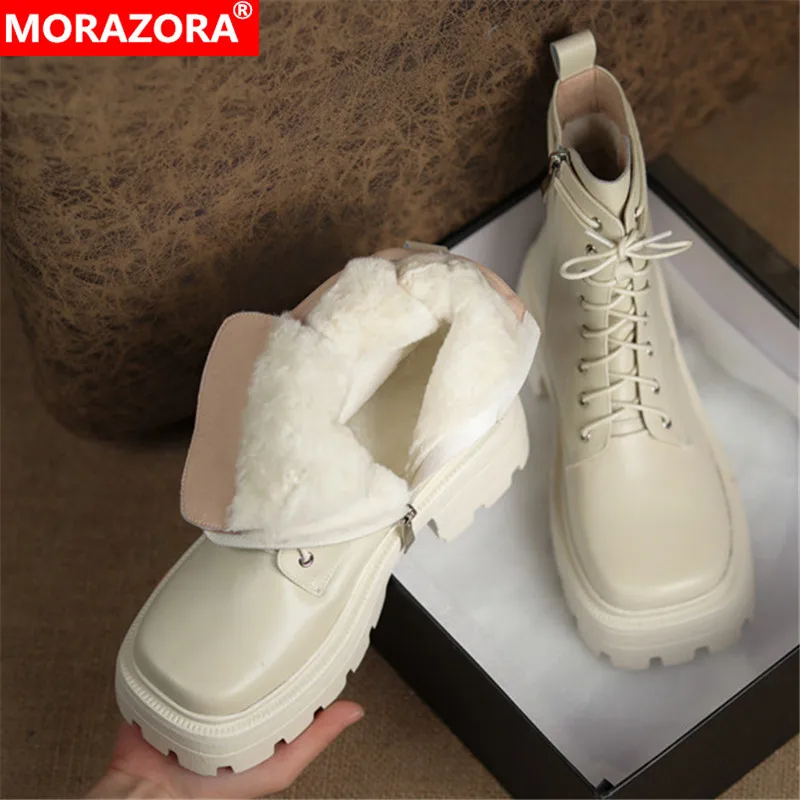 

MORAZORA 2022 Newest Wool Snow Boots Women Winter Shoes Genuine Leather Boots Square Toe Simple Comfortable Ankle Boots Women