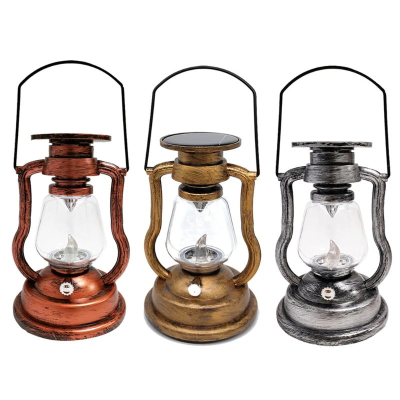 2024 Vintage Hurricane Lantern Solar Powered Hanging Candle Light Rainproof Retro Antique LED Oil Lamp for Garden Tree Table