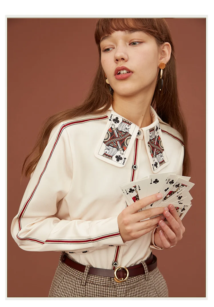 Women's Printed Stripe Shirt, Fun Playing Cards, Original Design, Spring and Autumn