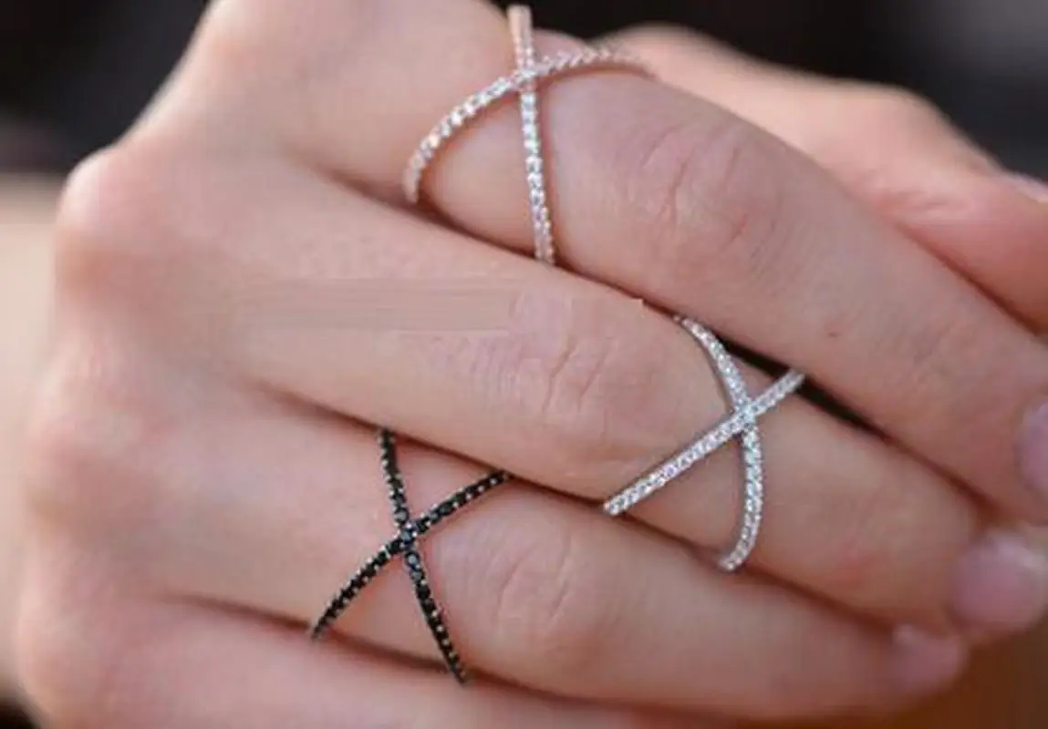 high quality rhodium rose gold authentic 925 sterling silver wide band X ring micro pave zircon criss cross ring for women