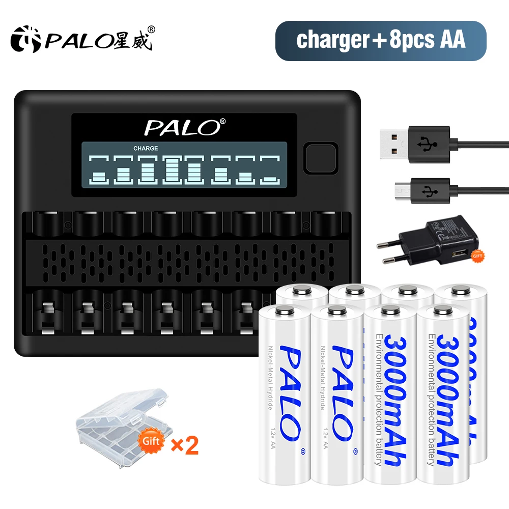 PALO 1.2V AA Rechargeable Battery 3000mAh Ni-MH AA Batteries with 8 Slots Fast Smart Charger for 1.2V AA AAA Ni-MH Ni-Cd battery