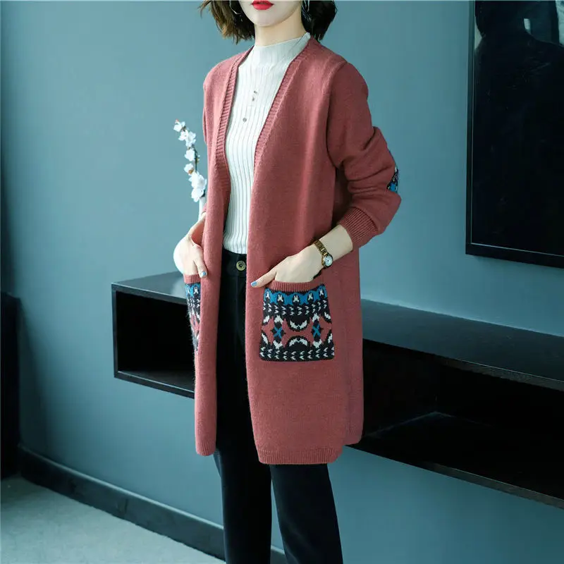 Vintage Long Length Knitting Cardigans Women Korean Style Big Size 4XL Sweater Ladies Spring Soft Knit Jacket With Pocket