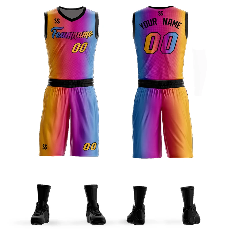 Basketball Jersey Set Custom Sublimation Print Gradient College Basketball Game Training Shirt Vest With Shorts for Men/Youth