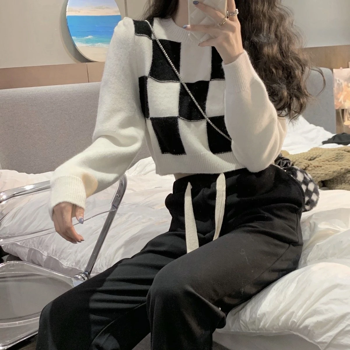 Cropped Pullovers Women Checkerboard Plaid Fashion Vintage Loose Long Sleeve Sweaters Students Streetwear Knitted Jumpers Korean