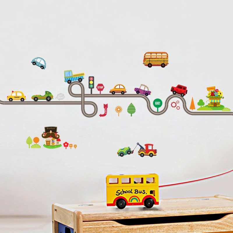 Lovely Cars Bus Taxi On Road Wall Sticker Kids Room Bedroom Baseboard Home Decoration Diy Animal Wall Mural Art Pvc Decals